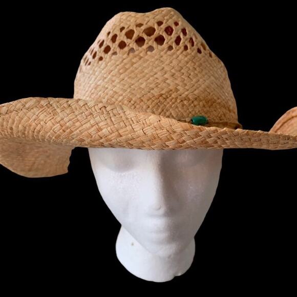 Cov-Ver World natural straw hat Unisex Size Small Medium Turquoise wooden beads - Picture 3 of 5